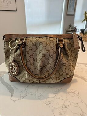 Gucci Brown Beige GG Canvas Satchel with Leather Trim